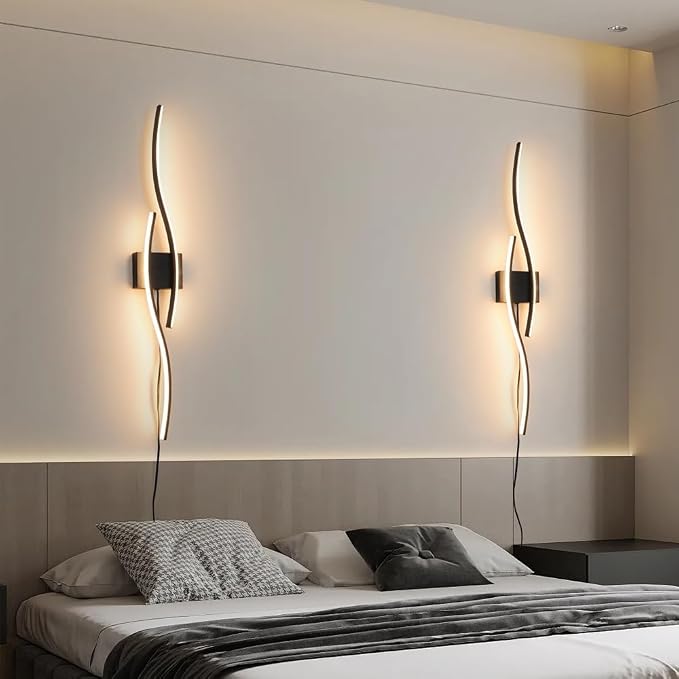 Daunton Modern Plug in Wall Sconces Set of Two, RC Dimmable LED Plug in Wall Light, Black Sconce Wall Lighting for Living Room, Hallway, Bedroom