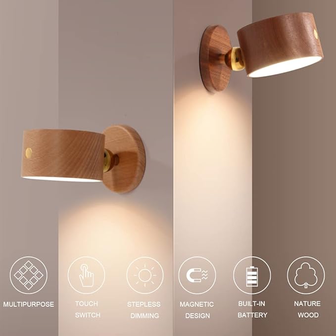 Wooden Led Wall Sconce, 360 Rotatable Dimmable Rechargeable Battery Operated Magnetic Led Night Light for Reading and Household Lighting (Sapele Wood 2pcs)