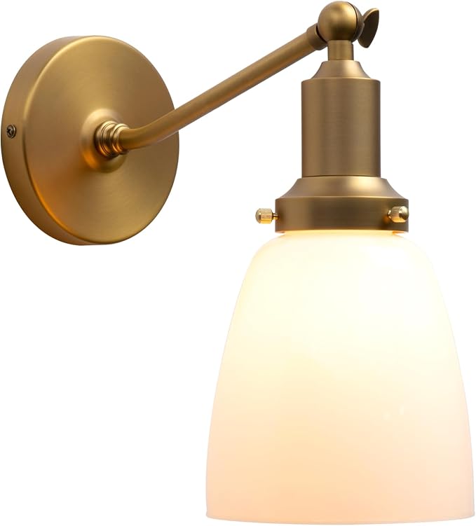 Industrial Vintage Slope Pole Wall Mount Single Sconce with 5.5" Oval Dome Milk White Glass Shade Wall Sconce Light Lamp Fixture (Antique)
