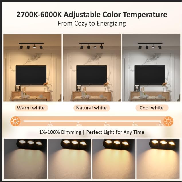 4 Light Heads Track Lighting Kit, Modern LED Track Lighting Fixtures Ceiling, Rotatable Light Heads with CCT 2700K-6000K & Brightness Dimming, Dimmable Ceiling Spot Lights for Living Room with Remote