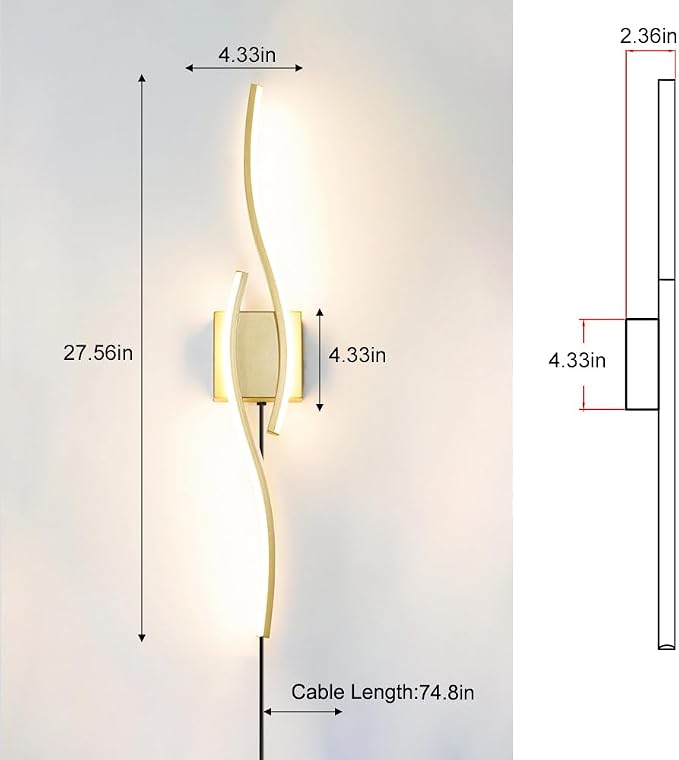 Daunton Modern Gold Plug in Wall Sconce Set of 2, Indoor Dimmable Light Fixture with Plug in Cord for Living Room, LED Sconces Lighting with Remote Control, Wall Lighting Decor for Hallway Bedroom