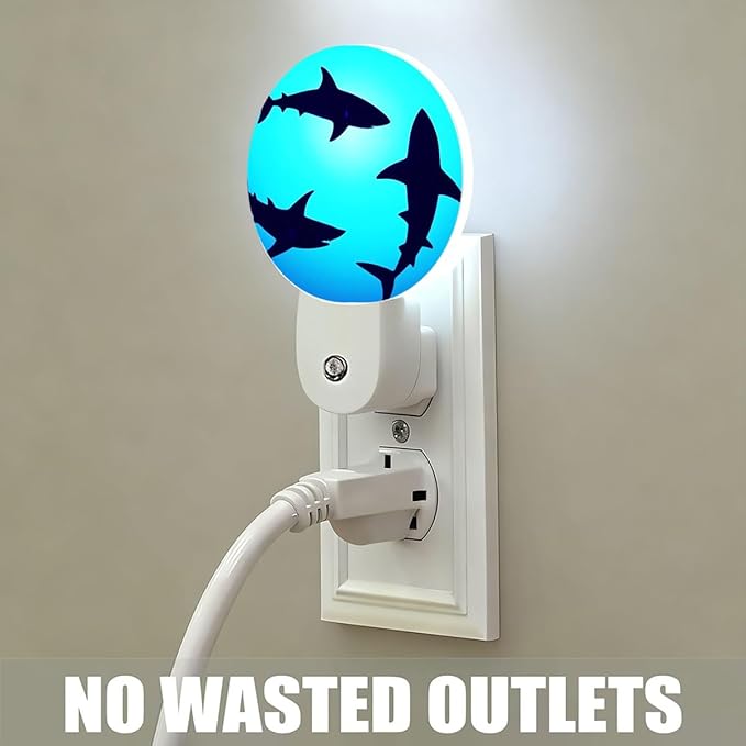 Plug-in Floating Sharks Night Light Ocean Blue Nightlight with Dusk to Dawn Sensor, Auto On/Off 0.5W Energy-Saving LED Lighting for Men Women Boys Girls Gift