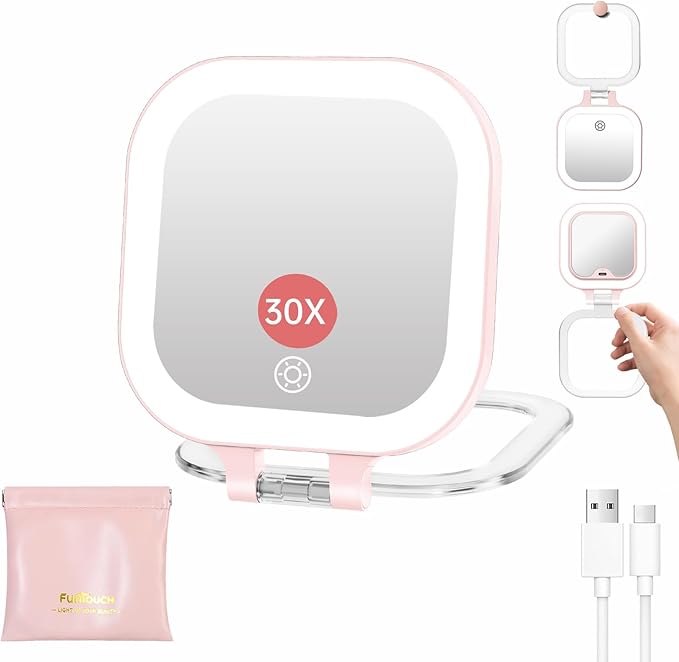 FUNTOUCH Rechargeable Travel Makeup Mirror, 20X/1X Magnifying Double Sided Makeup Mirror, Lighted Portable Vanity Mirror,3 Colors Lighting & Stepless Dimming,with Tweezers & Bag,Gift for Women,Pink