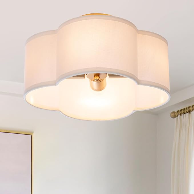 VILUXY Modern Flush Mount Ceiling Light Fixture Farmhouse White Fabric Semi Ceiling Lamps with Gold 4 Lights Drum Shade for Bedroom Dining Room Entryway Hallway Nursery