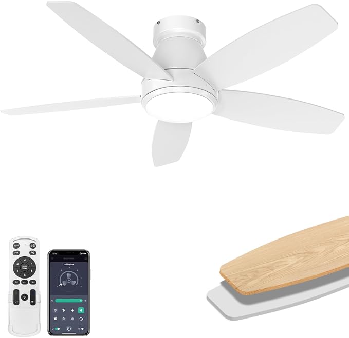 42 Inch Ceiling Fans with Lights, Quiet Reversible Fan with DC Motor, Remote & APP Control, 6-Speed, 4 Color Temperatures, Dimmable, Ceiling Fan for Bedroom Living Room,White