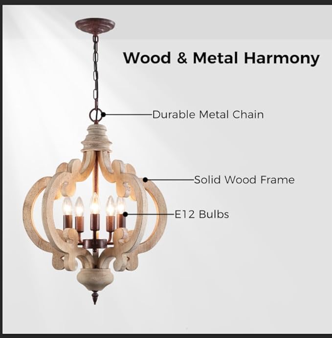 5-Light Farmhouse Chandelier, Rustic Wood and Metal Light Fixture with Distressed White Finish & Rust Accents, Adjustable Height for Dining Room, Kitchen Island, Entryway, Foyer, Bedroom