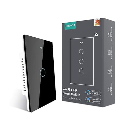 MoesGo WiFi RF433 Smart Touch Light Switch, No Neutral Wire, Black 1 Gang | Single live wire design, 2.4GHz WiFi only, minimum load 5W, Smart Life Tuya app remote, works with Alexa and Google Home