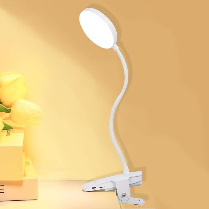 Cordless Rechargeable Clip On Desk Lamp Thick Flexible 360° Gooseneck | 450 Lumen Eye Protect Light,30 Custom Lighting Modes,5-30H Long Life Battery for Bed Headboard Desk Puzzle Craft ,White 1 Pcs