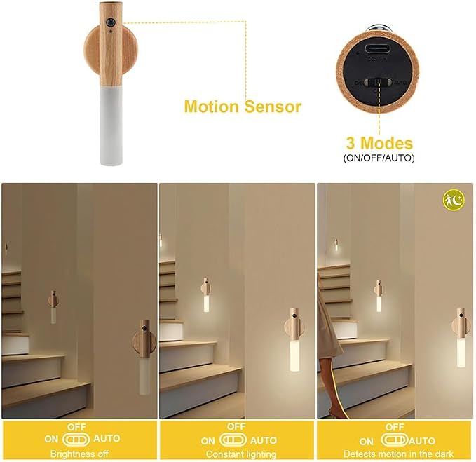 LANDGOO Wooden Motion Sensor Night Lights, | Magnet Body Hallway Rechargeable LED Wireless Battery Operated Wall Sconce
