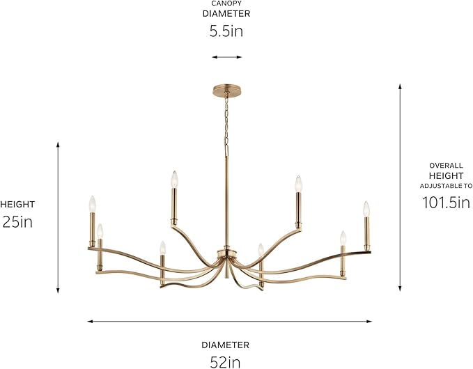 Kichler Malene 8-Light Chandelier, Updated Traditional Light in Champagne Bronze, Sloped Ceiling Compatible, for Foyer, Dining Room or Living Room (25" x 52"), 52697CPZ