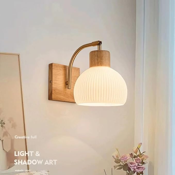 Globe Milk White Glass Wall Lamp Nordic Solid Wood Wall Sconce Adjustable Bedroom Bedside Reading Lighting, Modern Retro Half Globe Wooden Home Decor Lighting Fixture for Loft Living Room