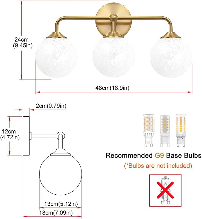 Modern Brushed Gold 3-Lights Vanity Light Fixtures with Carved White Glass Ball Shades, Mid Century Brass Wall Sconce Lighting Fixtures over Mirror, Wall Sconces for Bathroom Dressing Table Bedroom