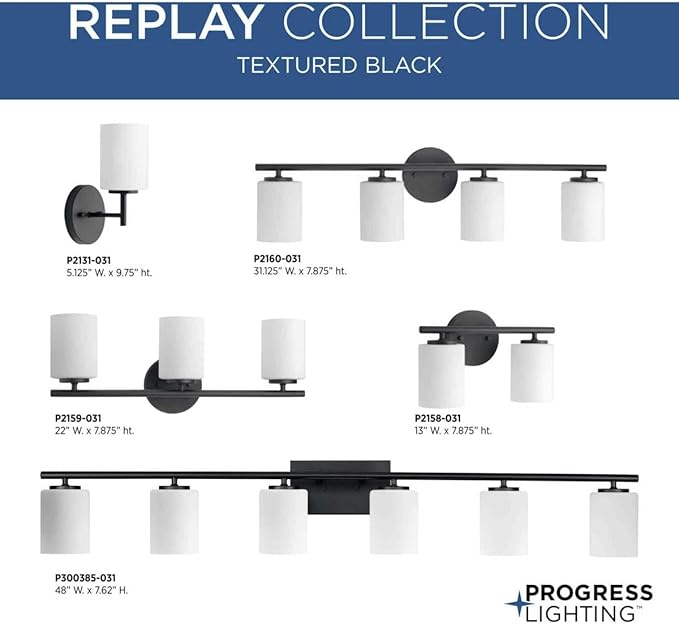 Progress Lighting Replay Collection 48 in. 6-Light Textured Black Etched White Glass Modern Bath Vanity Light