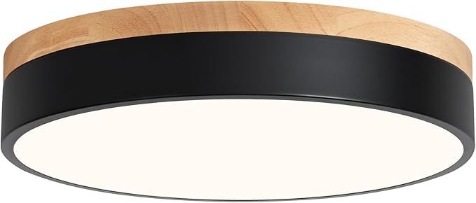 Modern Wood Oak Black Flush Mount Ceiling Light Dimmable LED Ceiling Light Fixture Minimalist Circle Close to Lighting Lamp for Kitchen Bathroom Bedroom Laundry Room, 11.8''