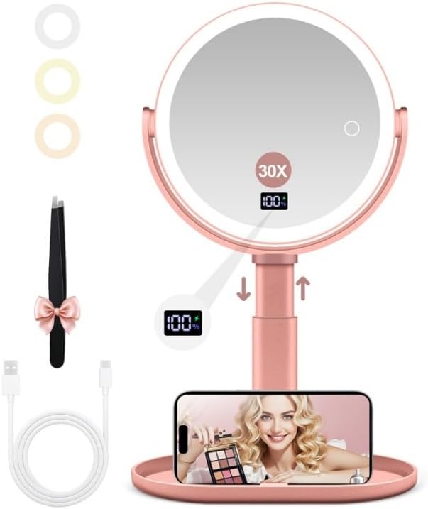 Makeup Magnifying Mirror with Light 30X/1X, Digital Display, 2-Sided Touch Control, Makeup Mirror with 3 Color Lights,360° Rotate, Height Adjustable Lighted Magnifying Mirrors for Desk Travel