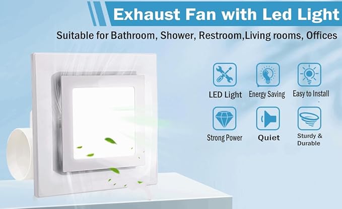 Bathroom Exhaust Fan with LED Light Ceiling Mount Ventilation Fan 118 CFM 1.0 Sones 4 Inch Duct Quiet Bathroom Vent Fan with Light Combo 5000K for Home Bath Hotel-Squares