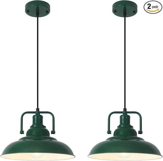 Farmhouse Pendant Light, 12.5inch, 2 Packs Green Kitchen Pendant Lights, Modern Pendant Lights, Pendant Lights Kitchen Island, Pendant Light for Bedroom, Office, Kichen Sink, Library