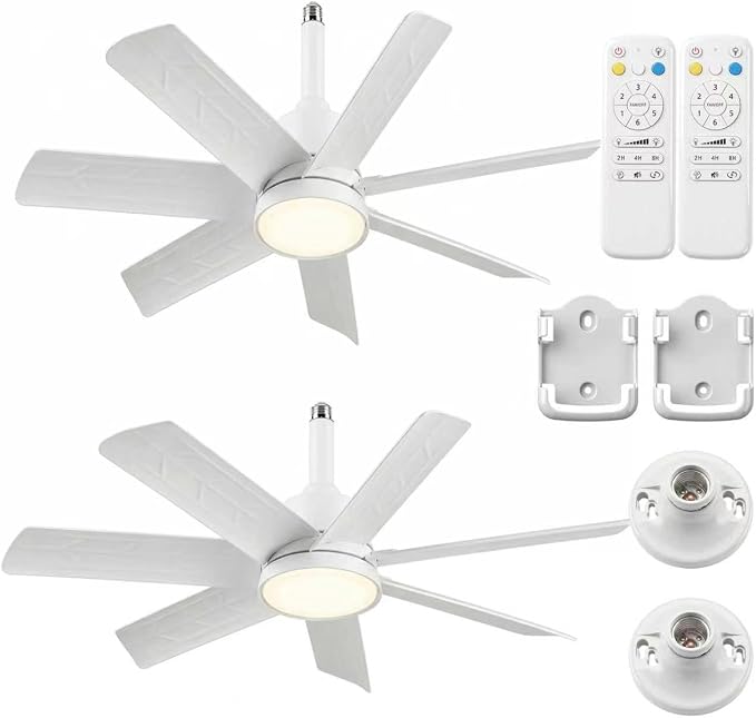 28 Inch Socket Fan Light with Remote Control, Screw in E26/E27 Ceiling Fan with LED Light, 3000-6000K Dimmable Color Temp, 6 Speeds, Timer, for Bedroom Kitchen Living Room Garage, 2-White