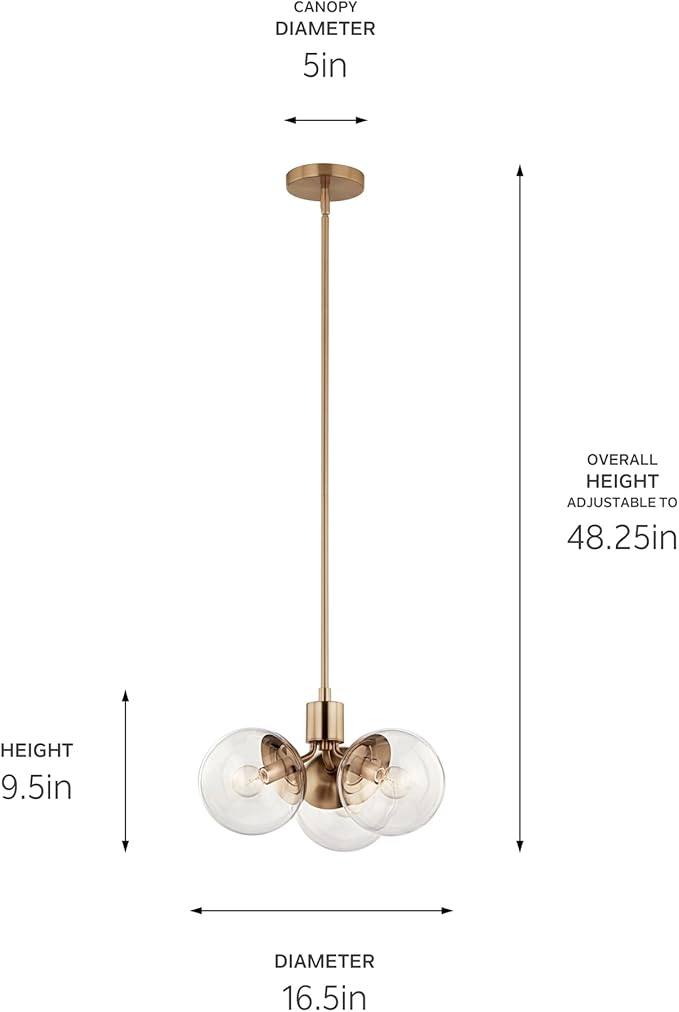 Kichler Silvarious 3-Light Convertible Pendant, Soft Modern Light with Clear Glass in Polished Nickel, for Hallway, Dining Nook, Bedroom or Kitchen (9.5" x 16.5"), 52700CPZCLR