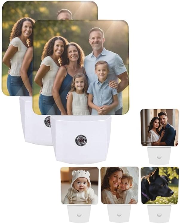 Personalized Custom Night Light Set of 2, DIY Your Own Logo/Photo/Words Auto Sensor LED Dusk-to-Dawn Nightlights, Plug-in Sensor Lamp for Bedroom Bathroom Kitchen Hallway Stairs Decorative