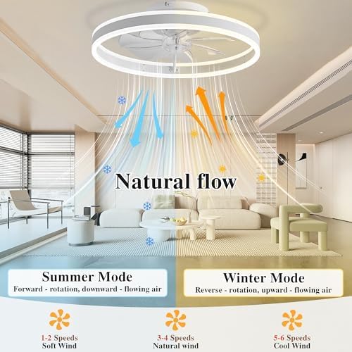 Ceiling Fans with Lights and Remote Fandelier 20''- Low Profile Modern - Flush Mount Ceiling Fans for Bedroom,Stepless Color Temperature and 6 Speeds - White