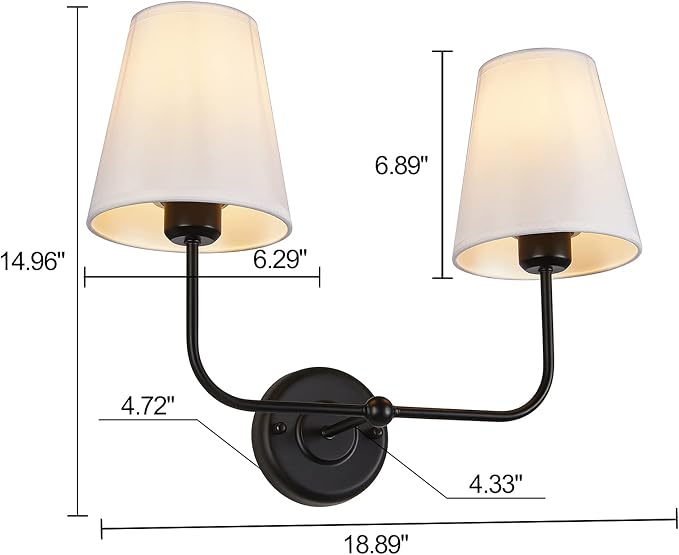 Double Light Wall Sconce with White Fabric Tapered Shades, 2-Light Black Sconce for Bathroom Vanity Hallway Stairway Living Room