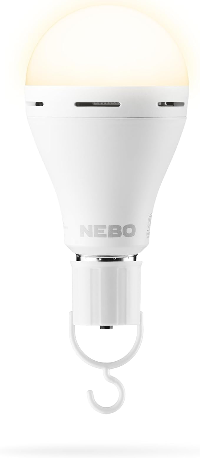 NEBO BLACKOUT BACKUP Emergency Bulb | 850 Lumens, 4 Light Modes, LED Rechargeable Light Bulb, Automatic Charging, Works Without Power, E26 Screw Base, Includes Power Cap & Portable Hanging Hook