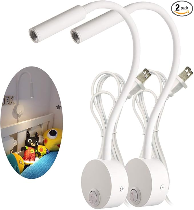 2-Pack Bed Reading Light Wall Mount Lamp, Flexible Neck Reading Lamps, Warm White 3000K Spot Light for Hotel, Marine, Yacht, Bunk Bed 4.92ft Cord Plug-in (White)