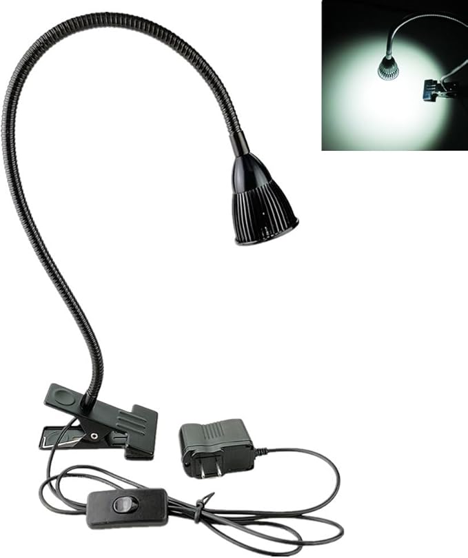 QUANS 5W Clip on Clamp Gooseneck COB LED Desk Table Light lamp Cool White 19inch Neck Black
