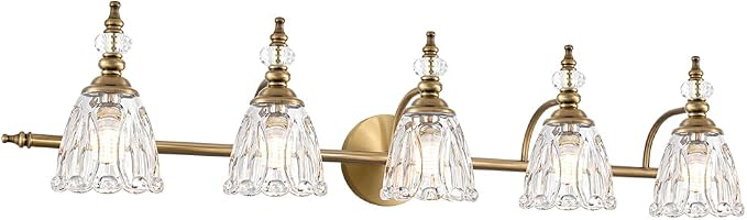 Brushed Antigue Brass Bathroom Light Fixtures, 5 Lights Vanity Light with Flower Glass Shade, Bathroom Vanity Light Over Mirror, Vintage Sconces Wall Lighting for Hallway Livingroom Bedroom