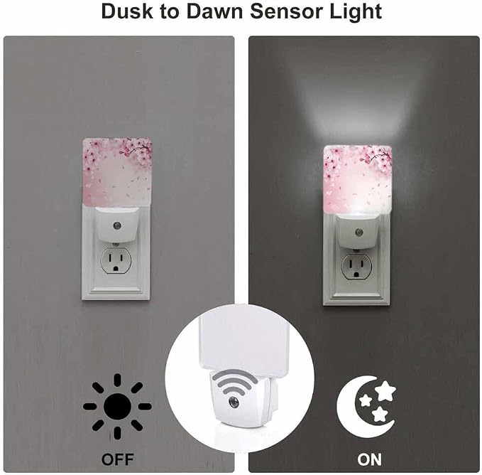 Cherry Blossoms Night Light Pink Flowers Plug into Wall with Dusk to Dawn Light Sensors 0.5W Warm Nightlights for Bedroom Bathroom Hallway