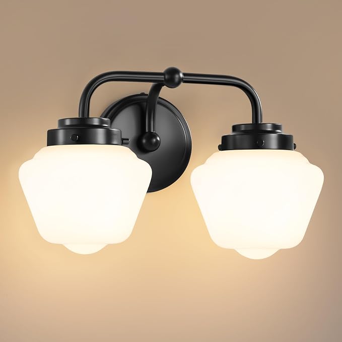 RUIYEY Bathroom Vanity Light Fixtures: 2-Light Black Bathroom Lighting Fixtures Over Mirror with Milky White Frosted Glass Shade, Farmhouse Modern Wall Light for Bath