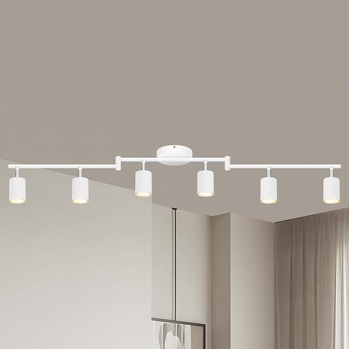6 Light Track Lighting Fixtures Ceiling, Matte White Kichen Track Lighting Fixtures with Rotatable Light Heads, Foldable Lamp Arms, Modern LED Track Lights for Kitchen/Hallway, No GU10 Bulb