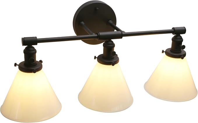 Vintage Industrial 3-Light Bathroom Vanity Light with Milk Glass lampshade – Antique Brass Wall Sconce for Over Mirror, E26 Socket, Hardwired Installation