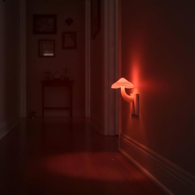Red LED Mushroom Night Light Plug in Lamp, Light Sensor Night Lights Plug into Wall, Dusk to Dawn Sensor Night Light for Adults Kids Room Bedroom Bathroom Hallway Kitchen