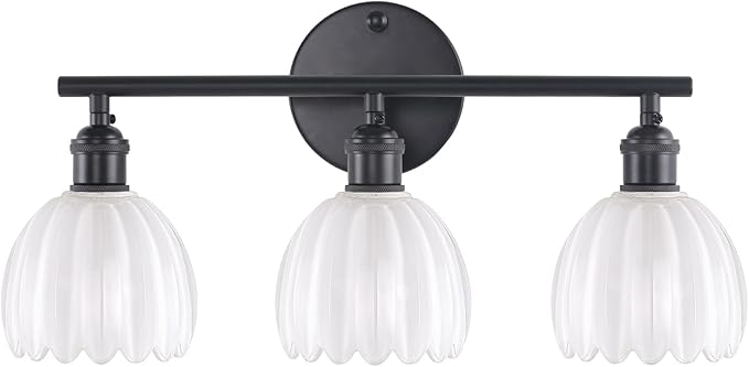 Bathroom Light Fixtures, 3-Light Black Vanity wall Light Over Mirror with White Tulip Glass Shade for Bedroom Living Room (Bulb Not Included)