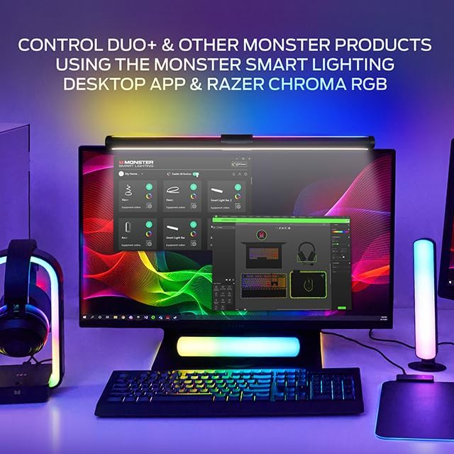 Monster Duo Monitor Light Bar: Reduce Glare, Enhance Comfort, Boost Style, Level Up Your Gaming Atmosphere — 2-in-1 RGBIC & Multiwhite LED, App Voice Touch Control, Alexa Google Razer Chroma