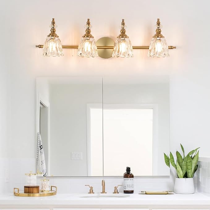 Brushed Antigue Brass Bathroom Light Fixtures 4 Lights, Antique Brass Vanity Light, Vanity Light Over Mirror, Vintage Bathroom Light with Clear Flower Glass, Lights for Wall Interior Hallway