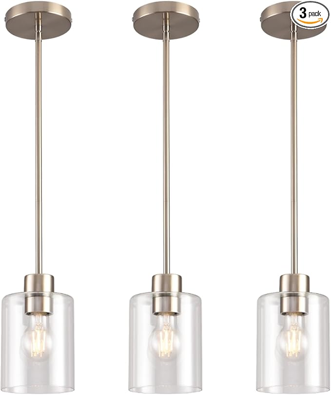Brushed Nickel Pendant Lights Kitchen Island - Clear Glass Pendant Light Fixture Multiple Stems Rods 3 Units 12 Inch 3 Units 4 Inch (3 Pack Brushed Nickel)