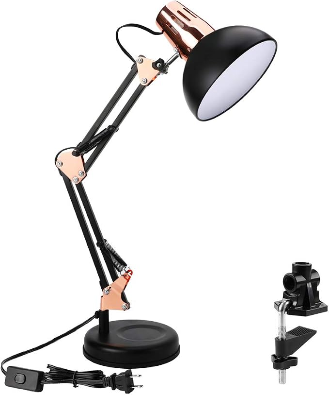 PowerKing Metal Swing Arm Desk Lamps with Base & Clamp, Black Rose Gold | Adjustable Architect Lamp, On Off Switch, Fits E26 E27 Bulbs, Eye-Caring Reading Light, for Home Office Work Study