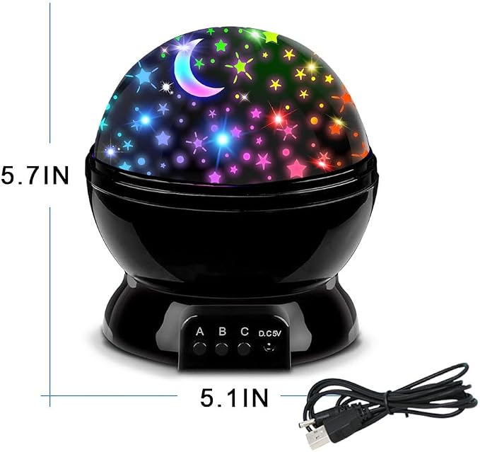 Night Light for Kids, Room Decor for Boys, LED Projector, Rotation Night Light Projector, USB or Battery Operated Star and Moon Lights, Change Color Star Lights (Black)