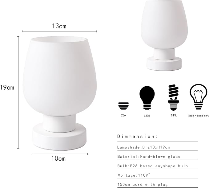 Touch Table Lamp with 3 Way Dimmable for Bedroom Nightlight Living Room, Modern Desk Lamp with LED Bulb, White Opal Glass Lamp Shade, Metal Base