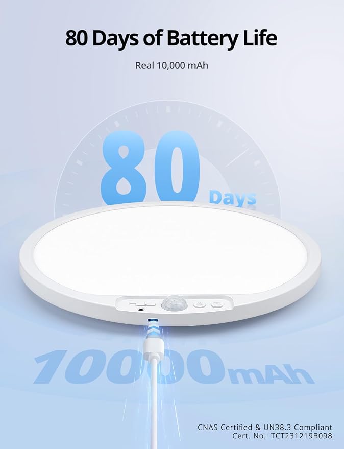 2 Pack Rechargeable Battery Operated Ceiling Light for Shower Wireless, 80 Day Battery Life Powered 11.8Inch Bright Waterproof Magnetic RGB Overhead Lighting Without Wiring for Closet Bathroom