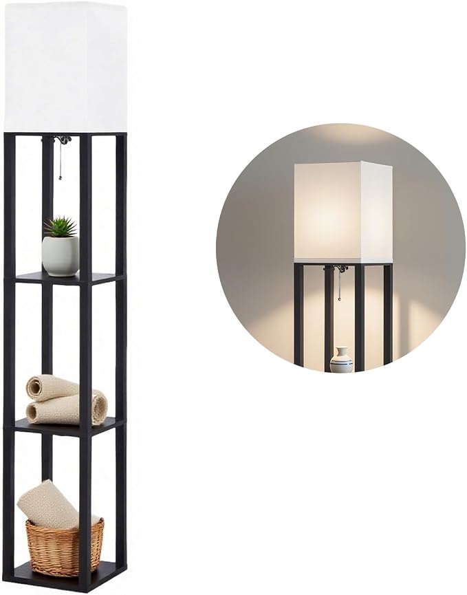 Floor Lamp with Shelves, Modern Square Shelf Lamp for Living Room, Corner Display Standing Lamp, Tall Lamp with White Shade for Bedroom, Office, Home Decor, Black