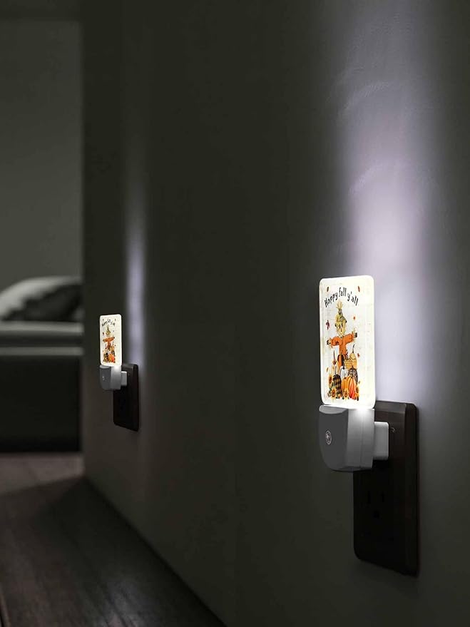 Thanksgiving Night Lights Plug into Wall LED Night Light Autumn Pumpkin Vintage Automatic Dimmable Dusk-to-Dawn Square Shaped Smart Nightlight for Bathroom/Bedroom