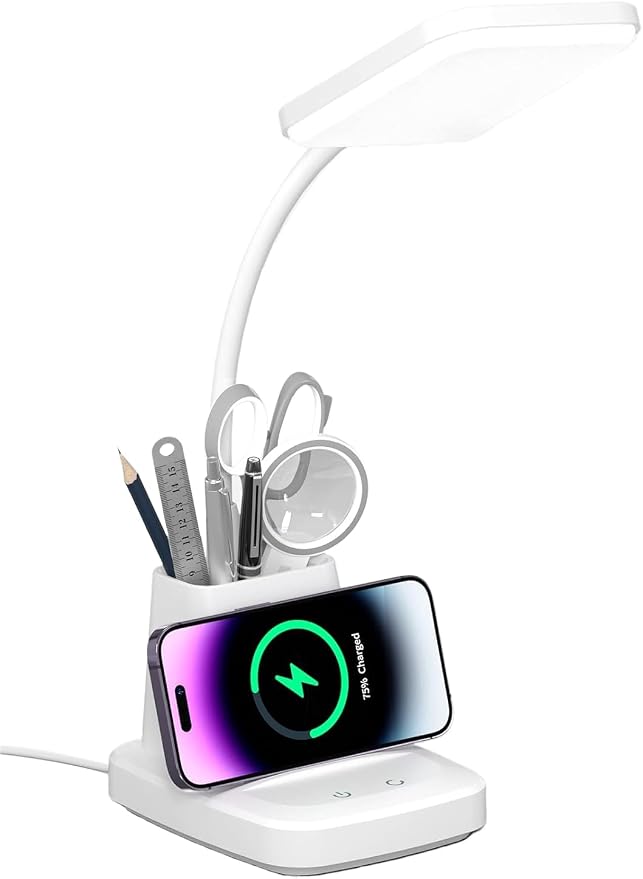 LED Desk Lamp with Wireless Charger for Home Office, White | 3 Color Modes Dimmable Eye-Caring Study Desk Light for College Dorm, 360° Flexible Arm, with Pen Holder, 800 Lumen, Square