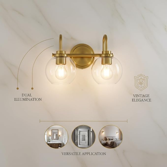 Gold Bathroom Light Fixtures 2 Light Vanity Lights Over Mirror with Clear Glass Lamps Shades Bathroom Wall Lamp for Mirror Kitchen Bedroom Hallway Living Room