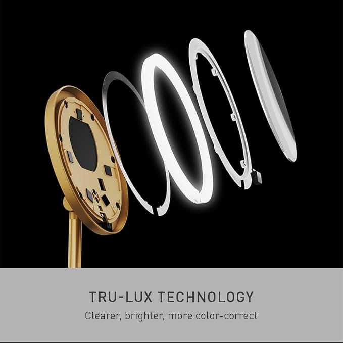 simplehuman Sensor Mirror Fold, 5'' with 5X Magnification, Round Rechargeable Travel Makeup Mirror, Tru-Lux® Full-Spectrum Light, Adjustable Brightness & Height, Brass Steel