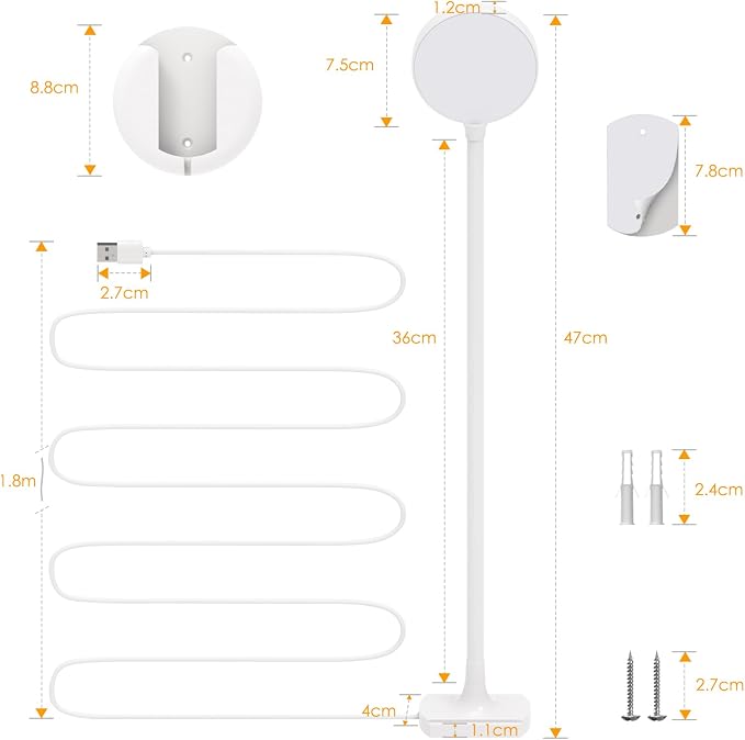 ENUOTEK Flexible LED Wall Mounted Reading Light, USB Powered White LED Bedside Reading Lamp, 100%-70%-35%-15% 4 Levels Dimmable and 5000K- 4000K- 3000K 3 Levels Adjustable Lighting Colors