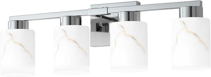 4-Light Bathroom Light Fixtures, Modern Vanity Lights, Chrome Metal Wall Lamp with White Marble Glass for Bathroom, Mirror, Living Room, Bedroom, Cabinet, Porch, Hallway, E26 Base